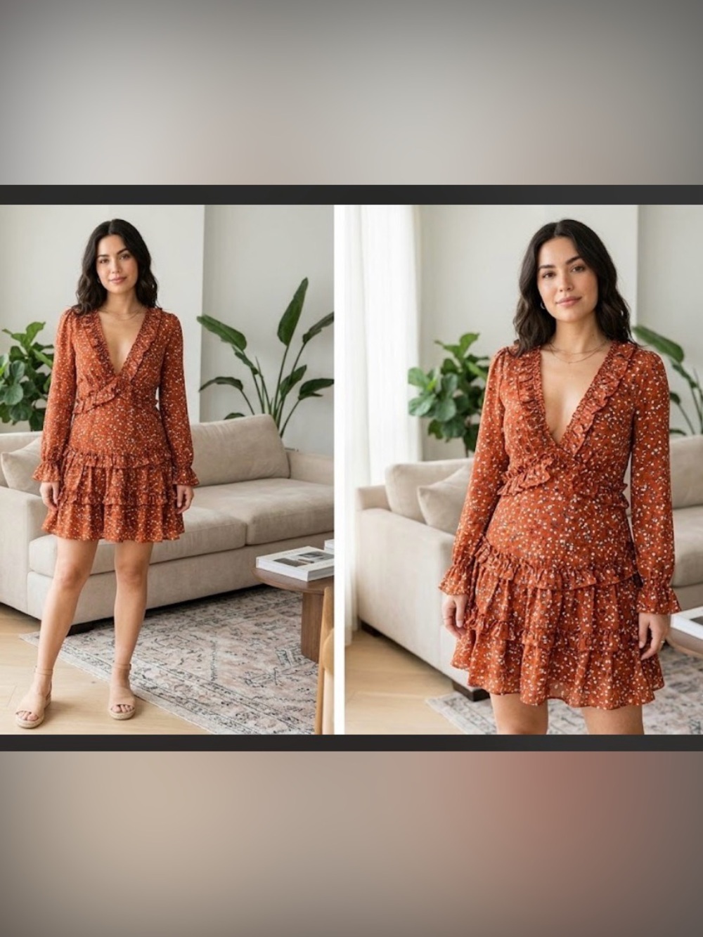 Lulu's Women’s Rust Floral Ruffle Mini Dress Deep V Neck Size L